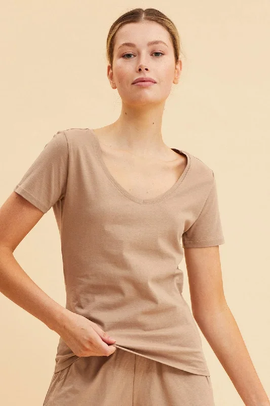 Beige V Neck T-Shirt Cotton Regular Fit Cotton