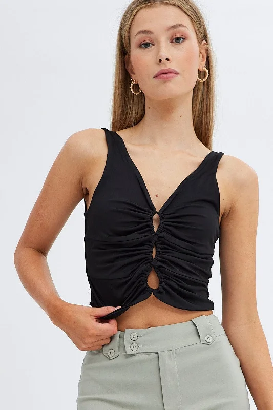 Black Bralette Crop Top V Neck Keyholes Details