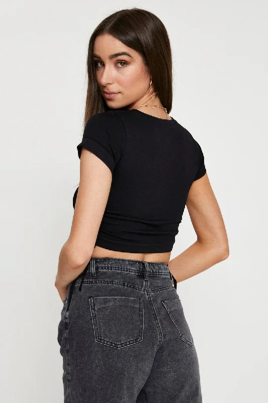 Black T Shirt Short Sleeve Crop Crew Neck