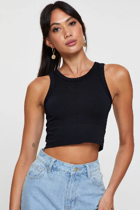 Black Tank Top Sleeveless Crew Neck Seamless