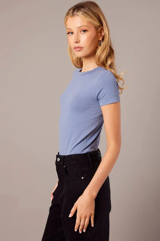 Blue Bodysuit Short Sleeve Crew Neck Seamless