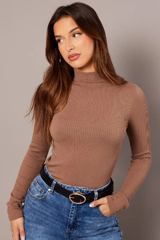 Brown Seamless Top Long Sleeve High Neck Longline