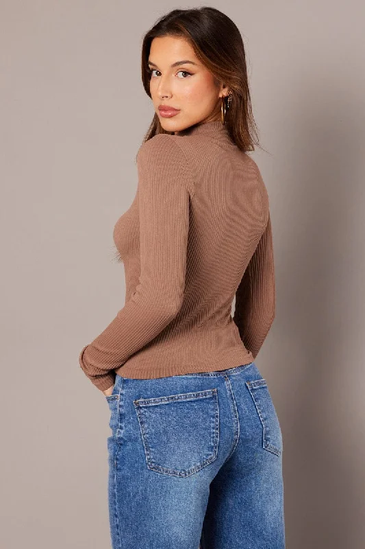 Brown Seamless Top Long Sleeve High Neck Longline