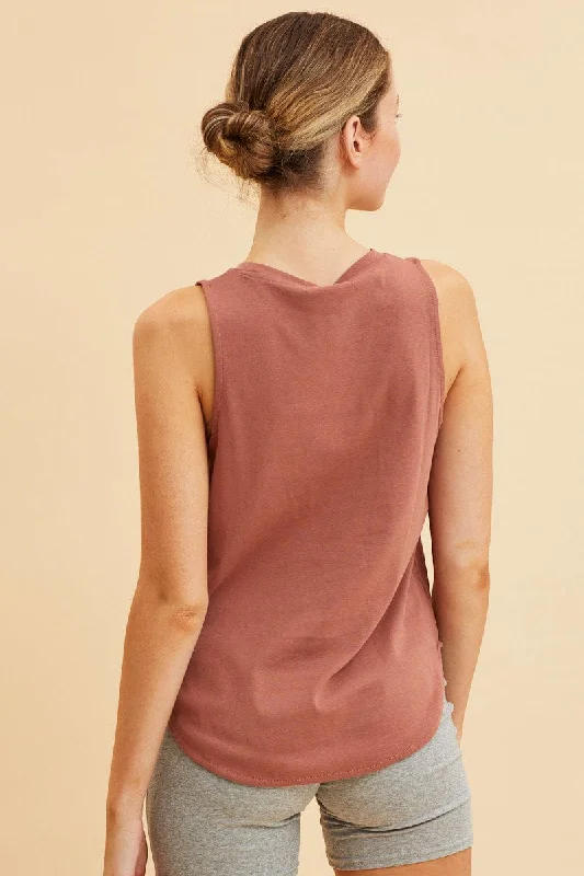 Brown Sleeveless Tank Cotton Crew Neck Curved Hem