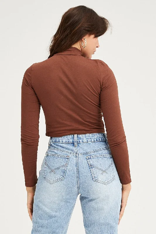 Brown Top Long Sleeve High Neck