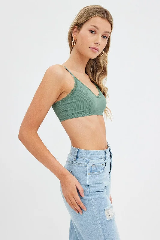 Green Bralette Lace Trim Seamless