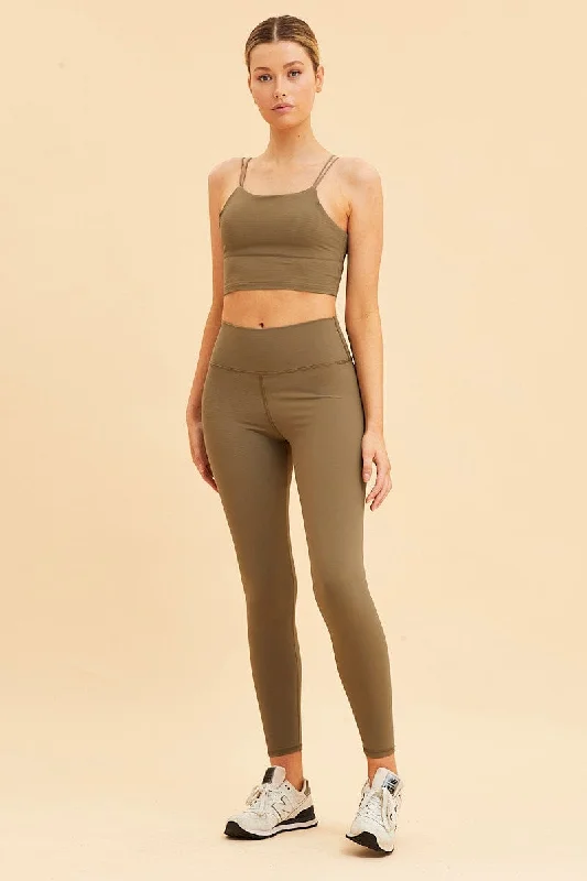 Green Crop Top High Neck Active Rib