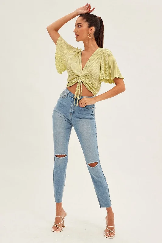 Green Crop Top Short Sleeve Plisse Ruched Front