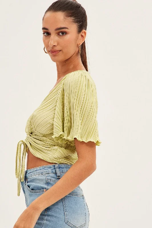 Green Crop Top Short Sleeve Plisse Ruched Front