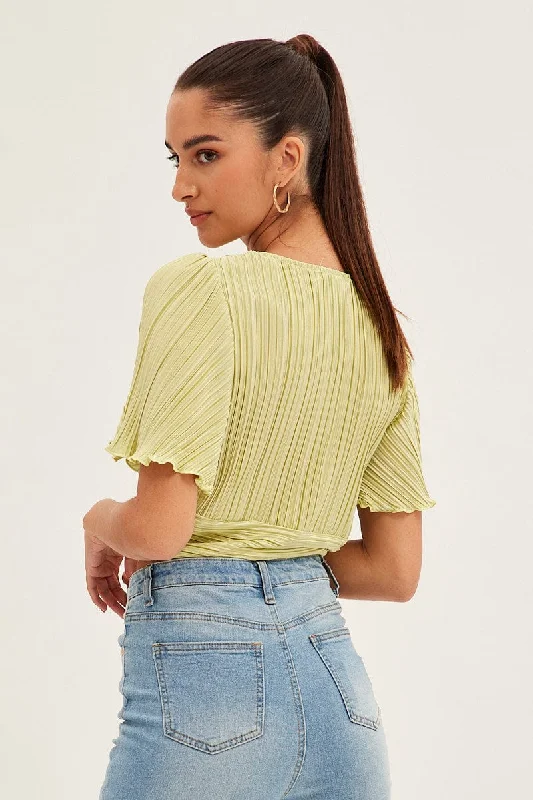 Green Crop Top Short Sleeve Plisse Ruched Front