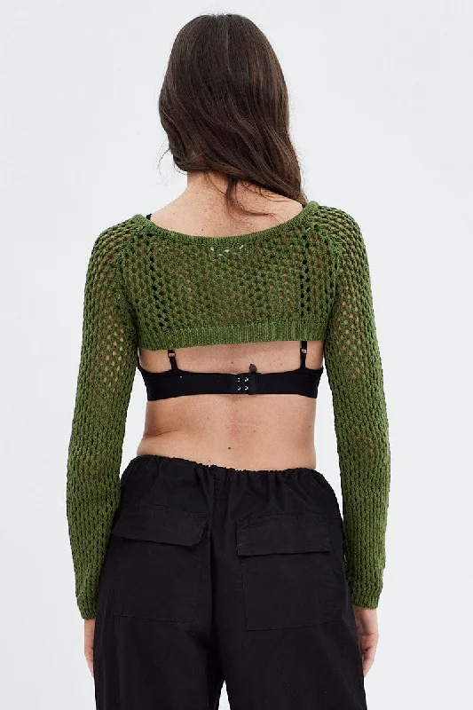 Green Knit Top Long Sleeve Openwork Cropped