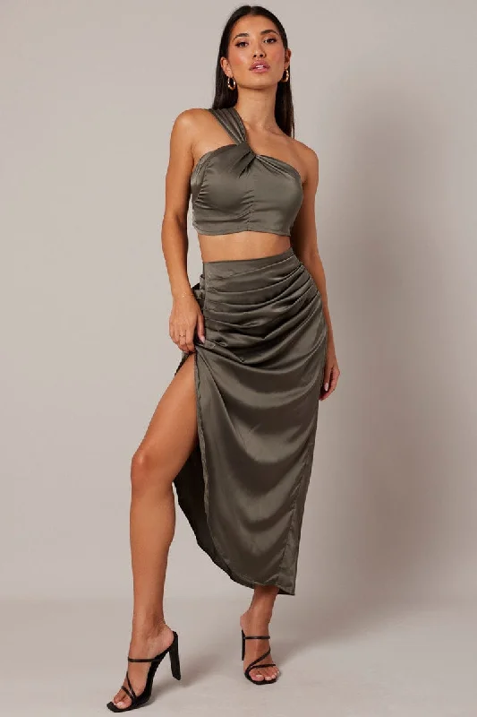 Green One Shoulder Crop Top Twist Satin