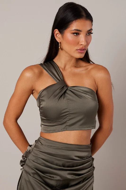 Green One Shoulder Crop Top Twist Satin