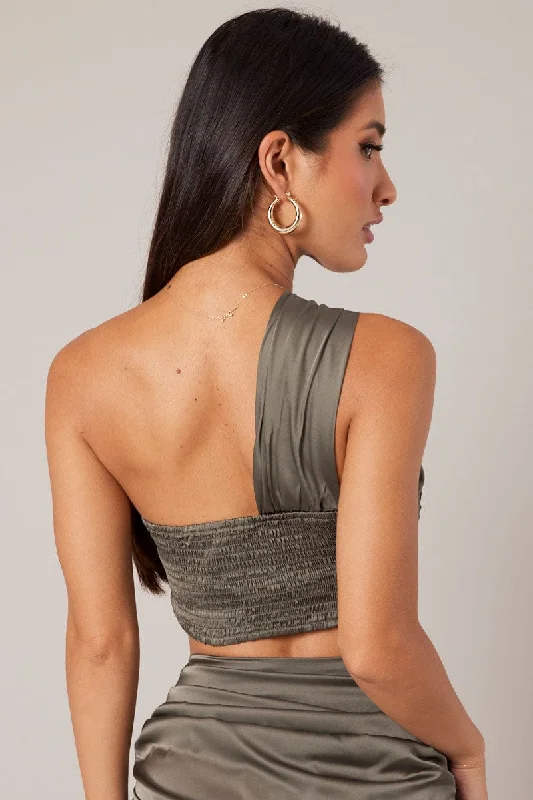 Green One Shoulder Crop Top Twist Satin