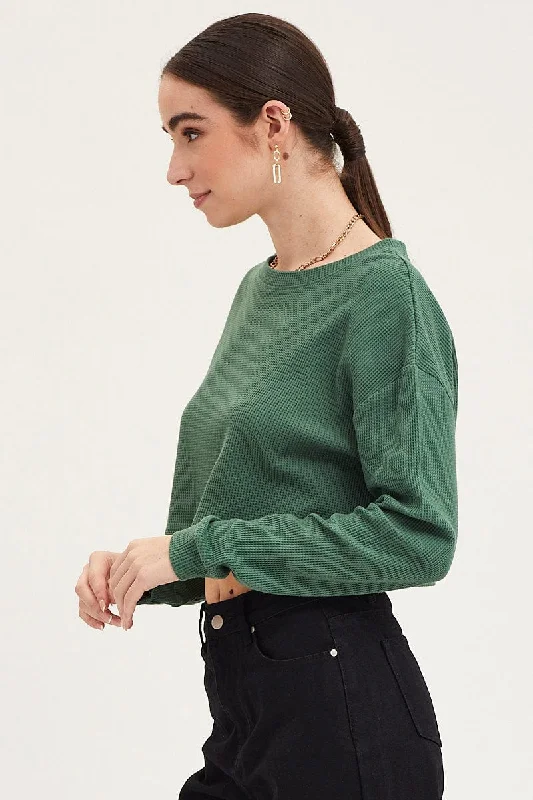 Green Oversized Top Long Sleeve Crew Neck