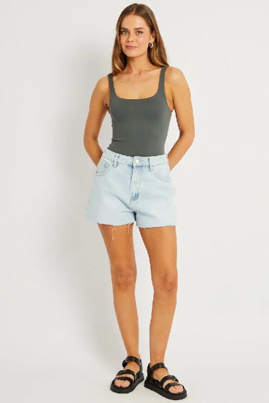 Grey Bodysuit Sleeveless Square Neck Seamless