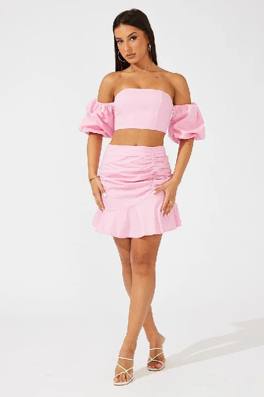 Pink Crop Top Balloon Sleeve Bardot Shoulder