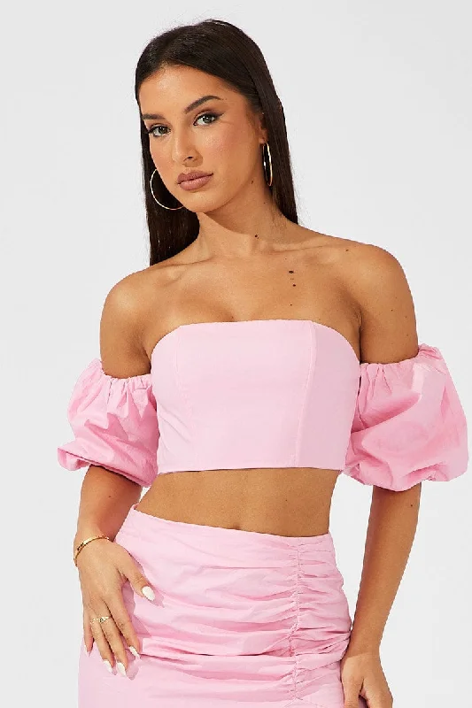 Pink Crop Top Balloon Sleeve Bardot Shoulder