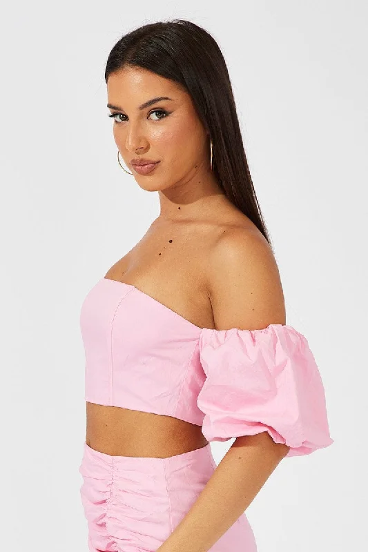 Pink Crop Top Balloon Sleeve Bardot Shoulder