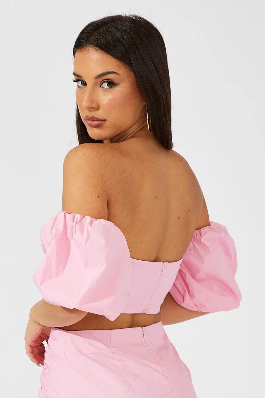 Pink Crop Top Balloon Sleeve Bardot Shoulder