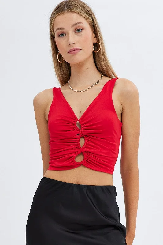 Red Bralette Crop Top V Neck Keyholes Details