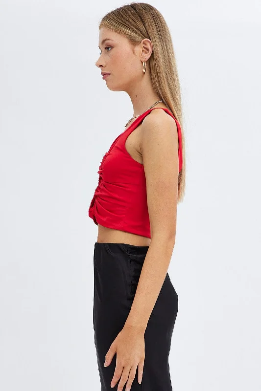 Red Bralette Crop Top V Neck Keyholes Details