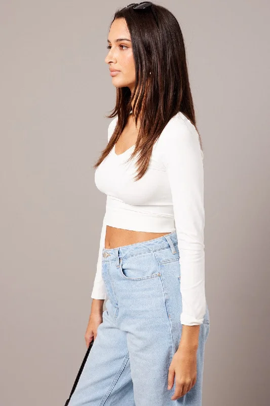 White Top Seamless Long Sleeve V Neck Cropped