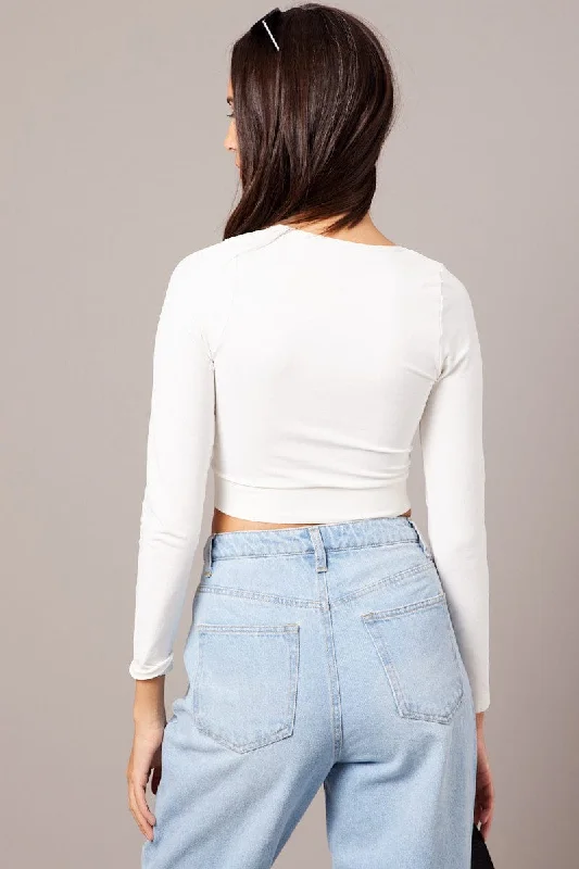 White Top Seamless Long Sleeve V Neck Cropped