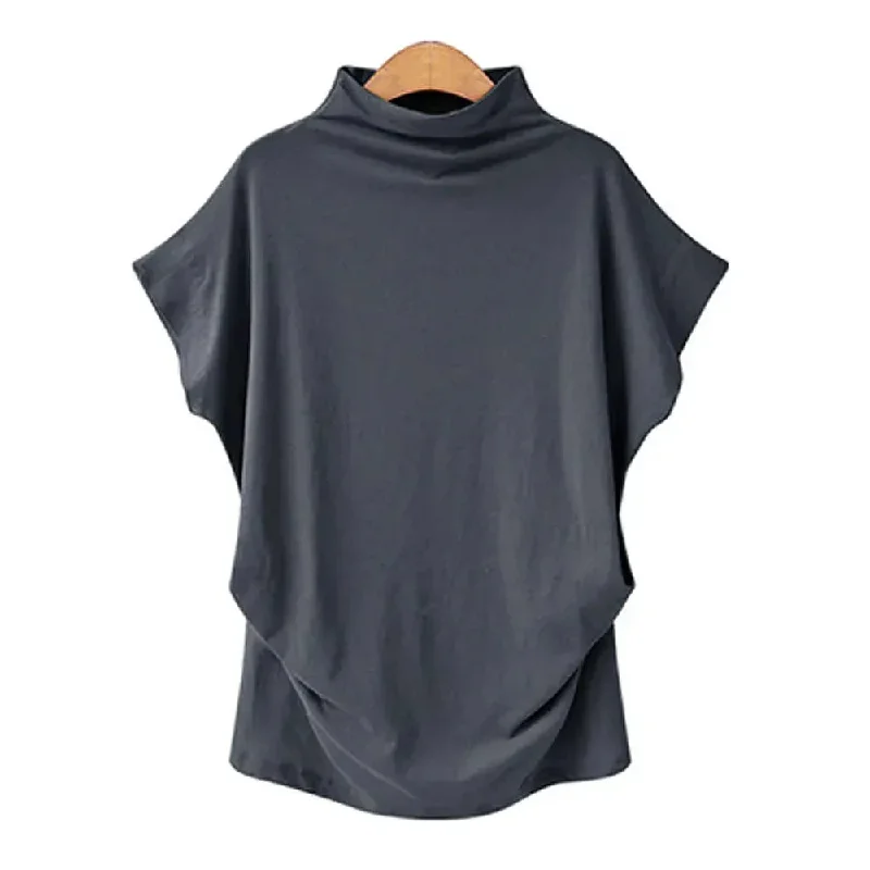 5XL Women Summer T-Shirt Short Batwing Sleeve Loose Solid Gray Turtleneck Tee Sh