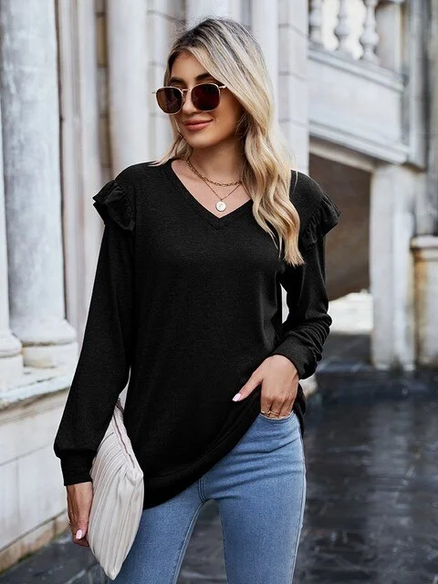 FashionSierra - Fashion Ruffle Stitching V Neck Long Sleeve Loose Chic Top