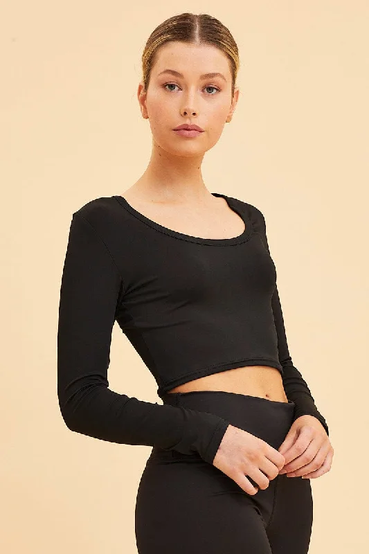 Black Crop Top Smooth Long Sleeve Scoop Neck