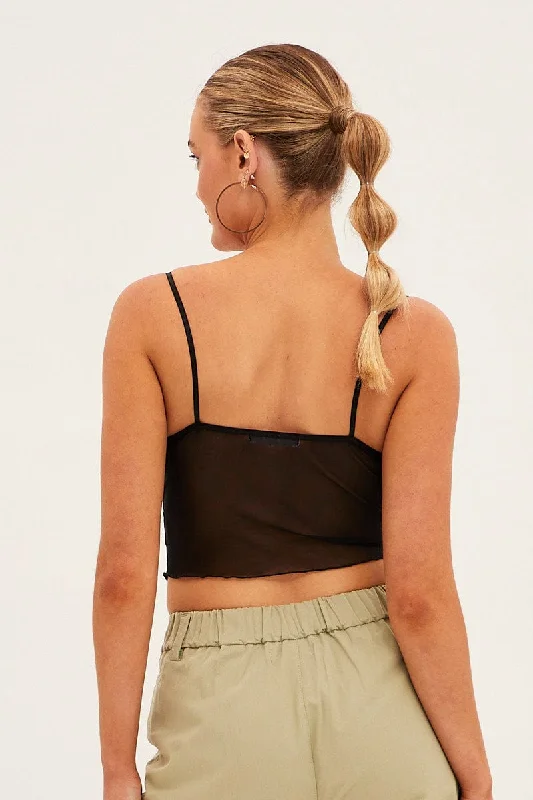 Black Lace Trim Mesh Cami Top