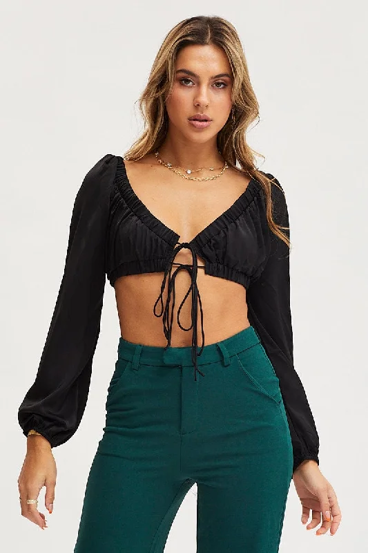 Black Tie Up Top Long Sleeve Crop