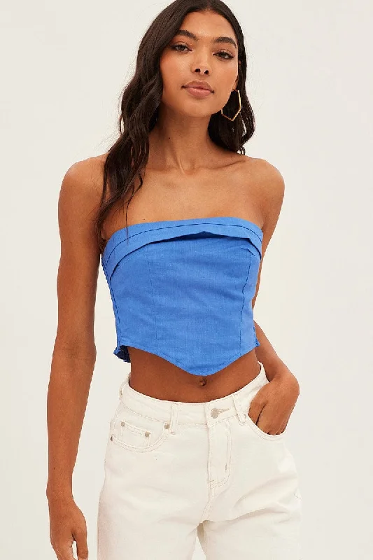 Blue Corset Bandeau Top Strapless Crop Shirred Back