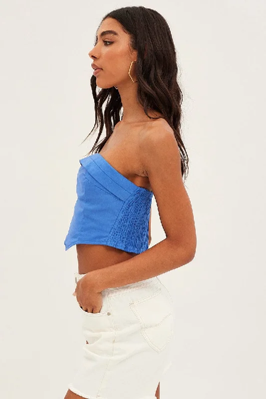 Blue Corset Bandeau Top Strapless Crop Shirred Back