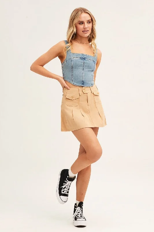 Blue Corset Top Sleeveless Crop Stretch Denim