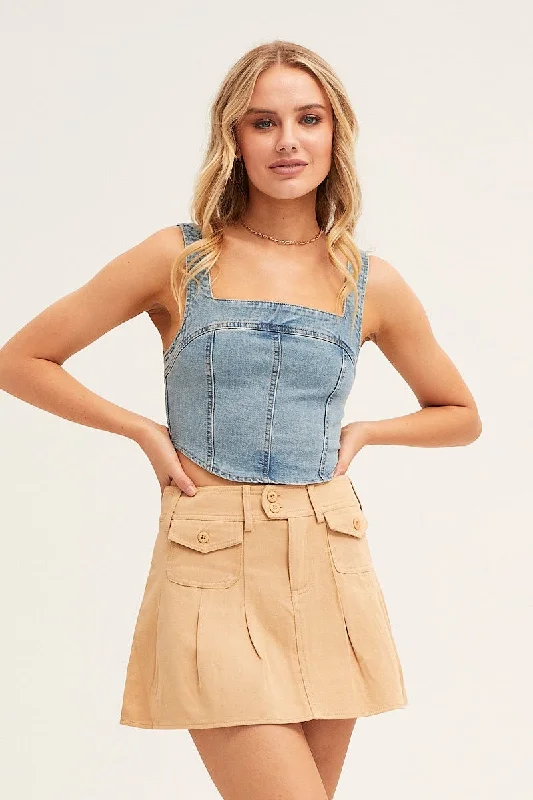 Blue Corset Top Sleeveless Crop Stretch Denim