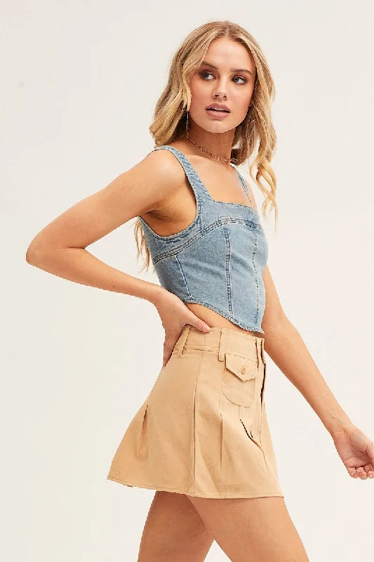 Blue Corset Top Sleeveless Crop Stretch Denim