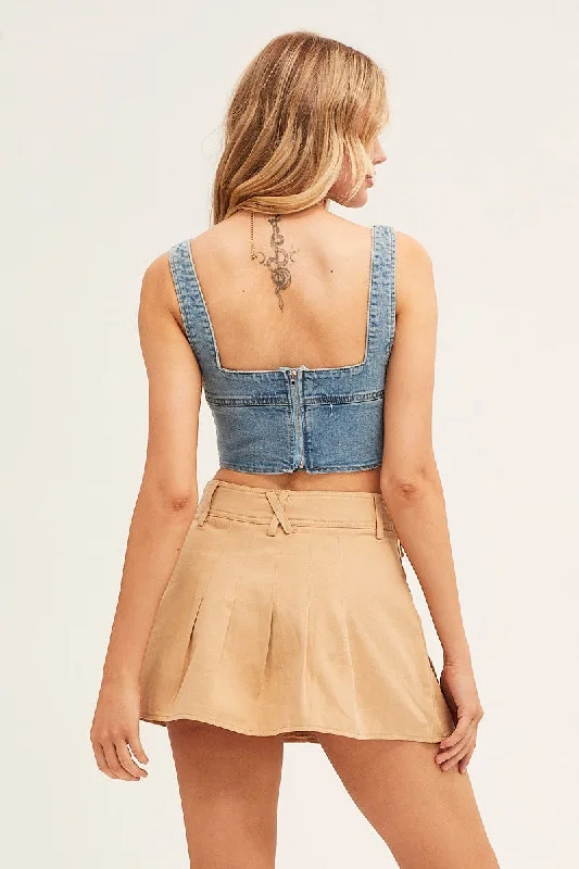 Blue Corset Top Sleeveless Crop Stretch Denim