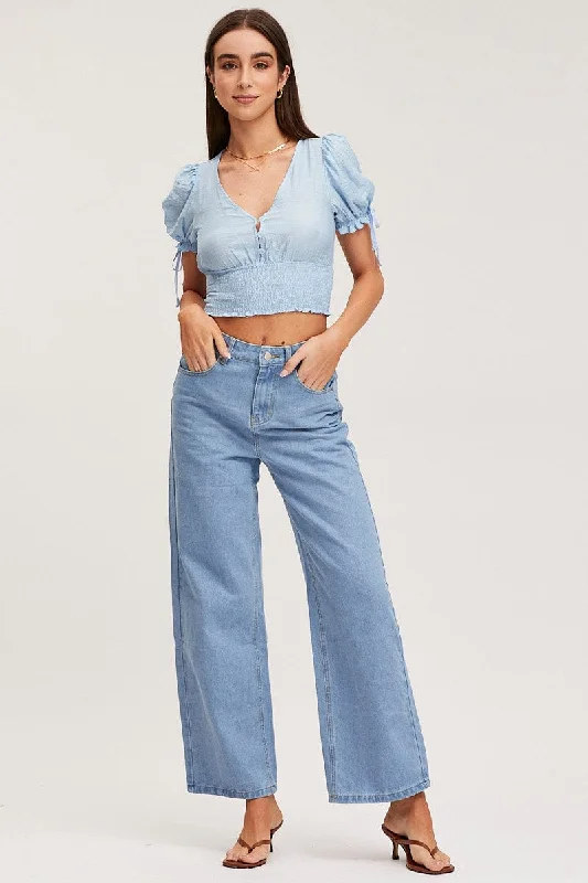 Blue Crop Top Short Sleeve Square Neck