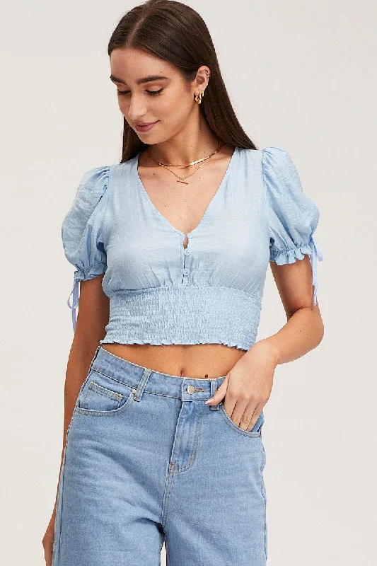 Blue Crop Top Short Sleeve Square Neck