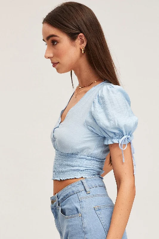 Blue Crop Top Short Sleeve Square Neck