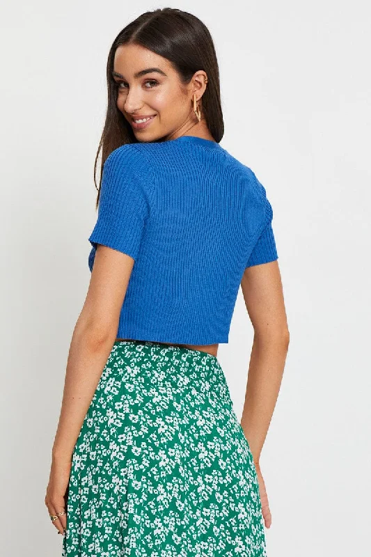 Blue Knit Cardigan Short Sleeve