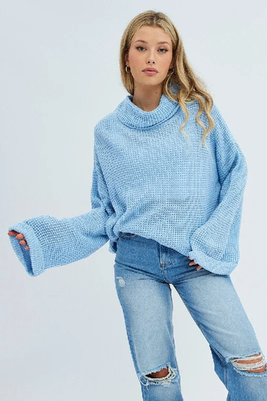 Blue Knit Top Long Sleeve Oversized Turtleneck