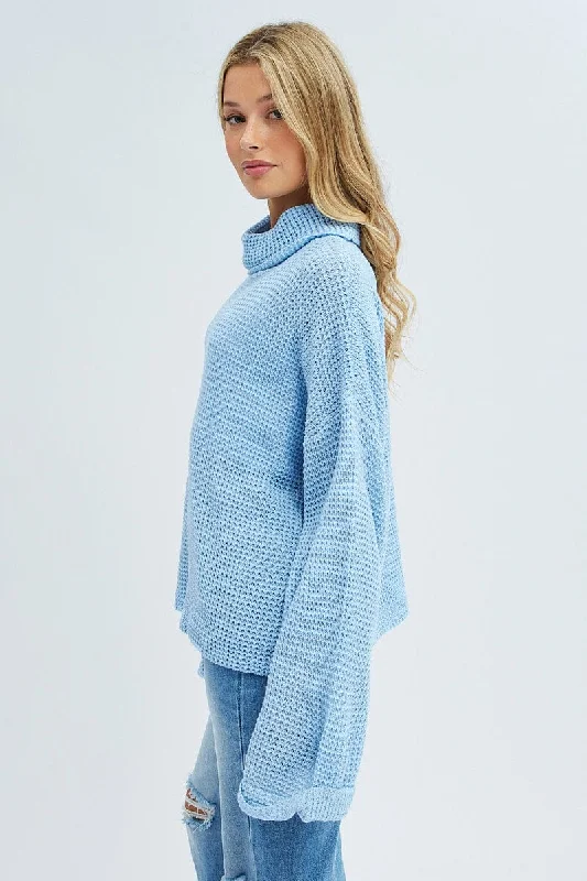 Blue Knit Top Long Sleeve Oversized Turtleneck