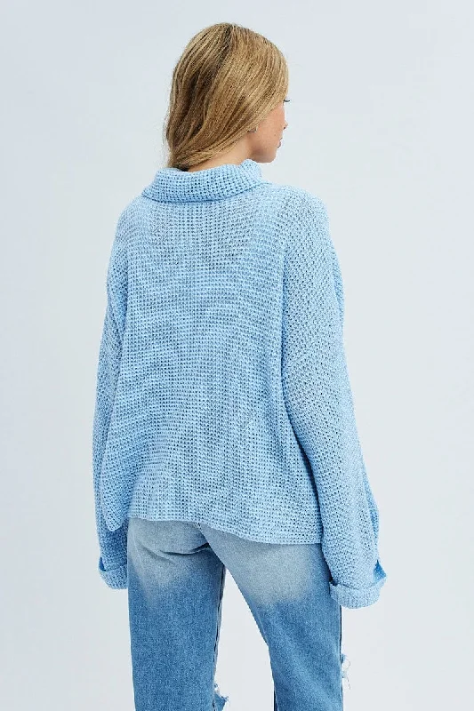 Blue Knit Top Long Sleeve Oversized Turtleneck