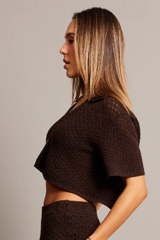 Brown Crochet Knit Top Collared