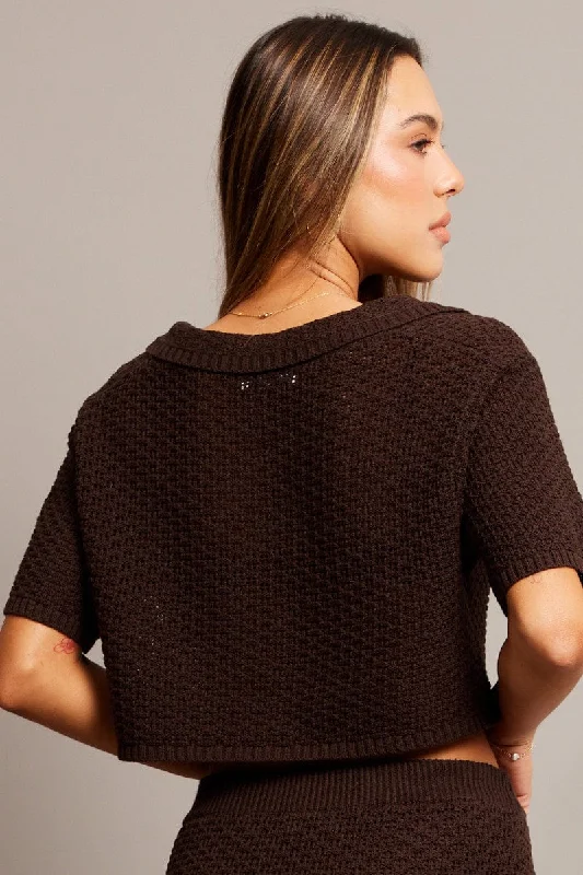 Brown Crochet Knit Top Collared