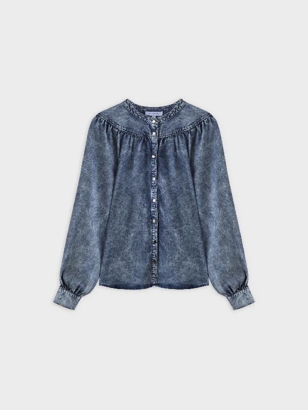 Gathered Top Blouse-Washed Blue Denim