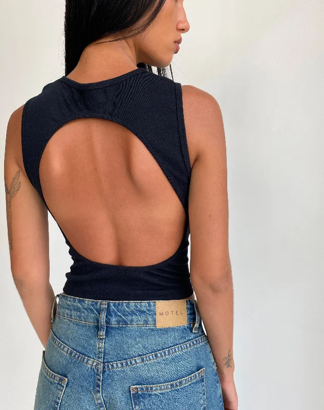 Gelsho Open Back Tank Top in Rib Black